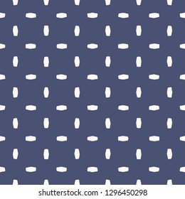 Vector minimalist geometric seamless pattern. Navy blue and white abstract texture with small scattered ovate shapes, polka dots. Stylish modern minimal background. Dark repeat design for decor, cloth