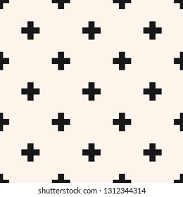 Vector minimalist geometric seamless pattern. Simple modern black and white texture with small crosses, squares, flower shapes. Minimal pixel art background. Funky style monochrome repeat design. 