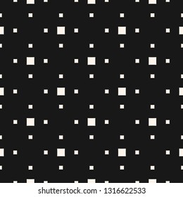 Vector minimalist geometric seamless pattern. Simple black and white texture with small squares, dots. Pixel art style. Subtle monochrome minimal background. Dark repeat design for decor, covers, web