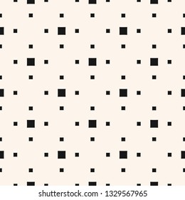 Vector minimalist geometric seamless pattern. Simple black and white texture with small squares, cubes, dots. Pixel art style. Subtle monochrome minimal repeatable background. Design for decor, prints
