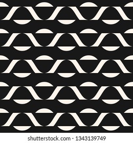 Vector minimalist geometric seamless pattern with small wavy shapes, curved lines, horizontal stripes. Simple abstract black and white minimal background. Dark monochrome texture. Modern repeat design
