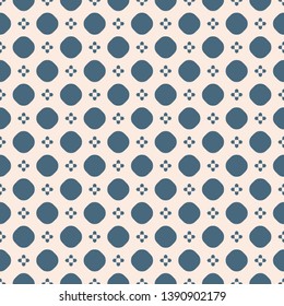 Vector minimalist geometric seamless pattern. Simple abstract texture with small flower silhouettes, polka dots, circles. Subtle blue and beige floral background. Repeat design for textile, wallpapers