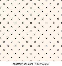 Vector minimalist geometric seamless pattern with small squares, crosses, tiny flower shapes, dots. Simple minimal black and white texture. Pixel art background. Monochrome repeated decorative design