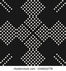 Vector minimalist geometric seamless pattern with small rhombuses, diamonds, squares, dots. Abstract black and white graphic texture. Simple minimal background with cubic elements. Dark repeat design