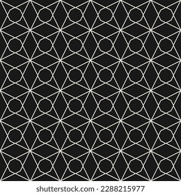 Vector minimalist geometric seamless pattern with thin lines, diamond grid, lattice. Subtle black and white texture with triangles, rhombuses. Monochrome minimal background. Simple dark repeat design