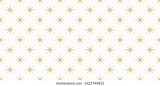 Vector minimalist geometric seamless pattern. Stylish gold and white texture with halftone dots, small floral silhouettes, star burst. Simple minimal background. Golden luxury repeated geo design