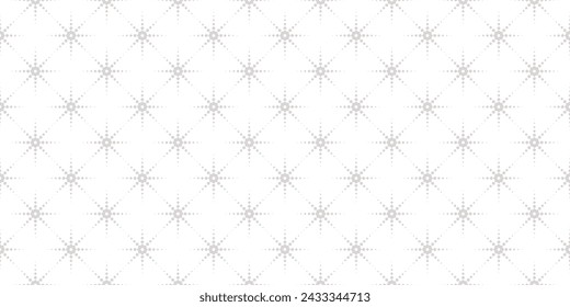Vector minimalist geometric seamless pattern. Stylish gray and white texture with halftone dots, small floral silhouettes, star burst. Simple minimal background. Subtle repeat decorative geo design