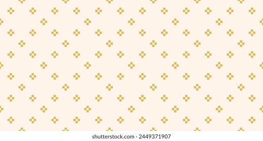 Vector minimalist geometric seamless pattern. Simple abstract ornament texture with small crosses, flower silhouettes, squares, dots. Yellow and white minimal background. Pixel art. Repeated design