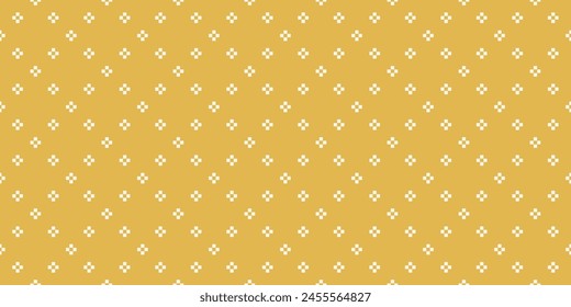 Vector minimalist geometric seamless pattern. Simple abstract ornament texture with small crosses, flower silhouettes, squares, dots. Mustard yellow minimal background. Pixel art. Repeatable design