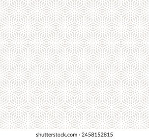 Vector minimalist geometric seamless pattern with hexagons, rhombuses, cubic grid, lattice, mesh, net. Subtle beige and white abstract background texture. Simple repeated geo design for print, decor