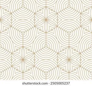 Vector minimalist geometric seamless pattern. Abstract golden texture with hexagonal grid, thin lines, circles, floral silhouettes, lattice. Gold and white geo background. Modern repeat luxury design