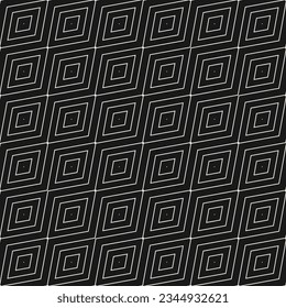 Vector minimalist geometric texture. Monochrome seamless pattern with linear diamonds, rhombuses, thin lines, diagonal grid. Abstract black and white ornament. Minimal dark background. Repeat design
