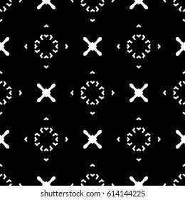 Vector minimalist geometric texture. Seamless pattern with simple minimal figures, crosses, arrows, circles. Black & white original hipster background. Dark design for prints, decoration, digital, web