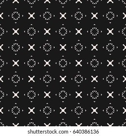Vector minimalist geometric texture. Seamless pattern with simple tiny minimal figures, crosses, arrows, circles. Black & white original hipster background. Dark design for prints, decor, furniture