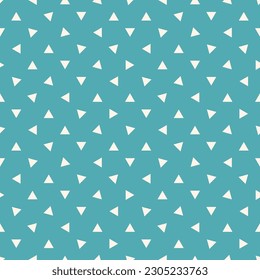 Vector minimalist geometric texture with small white triangles on turquoise backdrop. Funky modern seamless pattern. Simple abstract cute minimal background. Repeat summer geo design for kids, babies