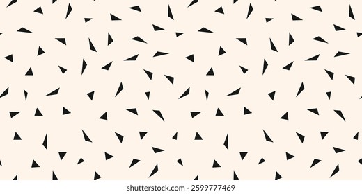 Vector minimalist geometric texture with small chaotic triangles, diamond shapes. Abstract minimal black and white seamless pattern. Simple funky background. Repeated geo design for decor, packaging