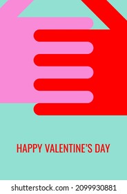 vector minimalist greeting card for the day of love and lovers. text "Happy Valentine's Day". hand in hand, two palms, two lovers. useful for print, postcards, posters, cards, web and graphic design.