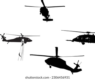 Vector minimalist helicopter army set silhouette isolated on white background