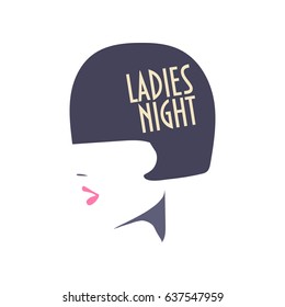 Vector minimalist illustration: ladies night poster with girl silhouette. Great as sign, invitation template or cloth print for bachelorette party, clubs girls only or ladies night out activities.