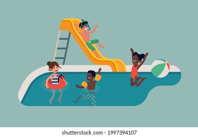 Vector minimalist illustration on kids playing in water. Summer pool fun for children. Boys and girls enjoying themselves swimming splashing and laughing in a pool