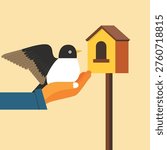 Vector minimalist illustration of an orange-sleeved hand releasing a bird toward yellow birdhouse	