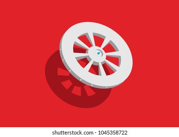 Vector minimalist illustration of space station on red background.