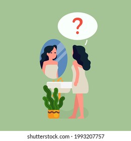 Vector minimalist vector illustration with woman standing in front of mirror questioning herself. Self acceptance concept illustration with female character thinking about self or their own appearance