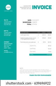 Vector minimalist invoice template design for your business / company - black, white and teal version