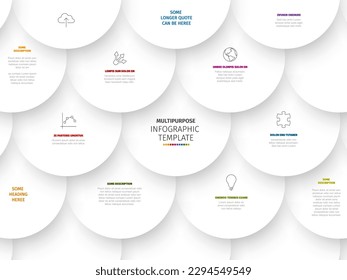 Vector Plantilla de informe de infografía gris claro minimalista con mosaico circular lleno de información, iconos y números diversos. Plantilla de patrón de mosaico de círculo simple 3d realista