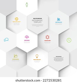 Vector Plantilla de informe de infografía de luz minimalista con mosaico hexagonal lleno de información, iconos y números diversos. Simple plantilla de patrón de mosaico hexágono 3d realista