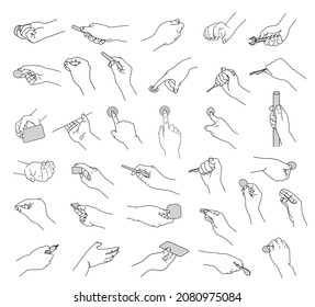 Vector minimalist line illustrations set of 33 right hands in various positions holding tools.