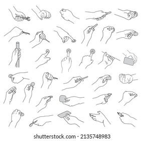 Vector minimalist line illustrations set of 33 left hands in various positions holding tools.