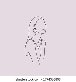 Vector minimalist linear woman illustration, abstract continuous line drawing face. Modern one line art, female portrait. Use for social net, poster, wall art, tote bag, t-shirt print, sticker, logo