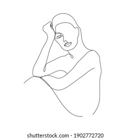 Vector minimalist linear woman illustration, abstract continuous line drawing face. Modern one line art, female portrait. Use for social net, poster, wall art, tote bag, t-shirt print, sticker, logo