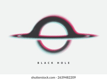Vector minimalist logo or banner made of pixels or dots with black hole or planet with rings on the theme of space, astronomy, astrophysics and universe. T-shirt design. Not used aI