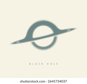 Logo ou banner minimalista vetorial feito de pixels ou pontos com buraco negro ou planeta com anéis sobre o tema do espaço, astronomia, astrofísica e universo. Design de camiseta. Não utilizado aI
