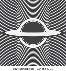 Logotipo minimalista do vetor com buraco negro ou planeta com anéis e ondas de gravidade sobre o tema do espaço, astronomia, astrofísica e universo. Design de camiseta, logotipo, etiqueta. Não utilizado aI