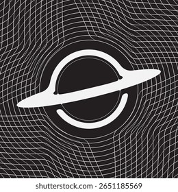 Vector minimalist logo with black hole or planet with rings and gravity waves on the theme of space, astronomy, astrophysics and universe. T-shirt design, logo, label. Not used aI