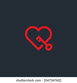 Vector minimalist logo of line heart with key. Key from heart concept.