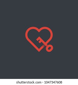 Logotipo vectorial minimalista de corazón de línea con llave. Llave del concepto del corazón.