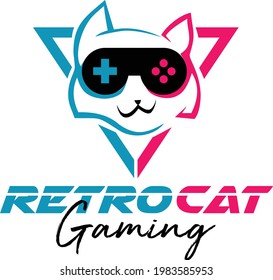 Vector Minimalist Logo Retro Cat Gaming Isolated On White Background