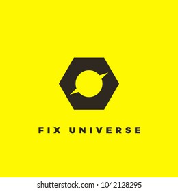 Vector minimalist logotype of planet inside screw-nut. Black logotype for repair service.