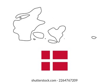Vector minimalist map of Denmark with flag of the country, flag of Denmark with smooth map. Suitable for minimalist designs. Space for text.