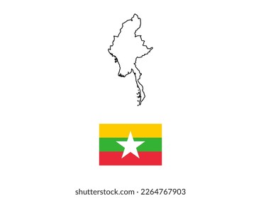 Vector minimalist map of Myanmar with flag of the country, flag of Myanmar with smooth map. Suitable for minimalist designs. Space for text.
