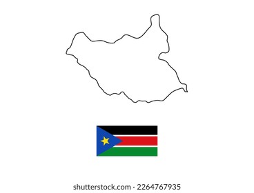 Vector minimalist map of South Sudan with flag of the country, flag of South Sudan with smooth map. Suitable for minimalist designs. Space for text.