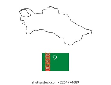 Vector minimalist map of Turkmenistan with flag of the country, flag of Turkmenistan with smooth map. Suitable for minimalist designs. Space for text.