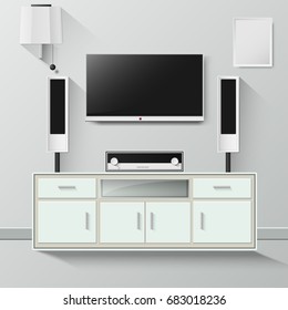 Vector Minimalist modern TV shelf , decorations and sound system.  graphic template.