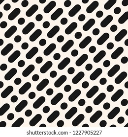 Vector minimalist monochrome seamless pattern. Simple geometric background with diagonal rounded lines, circles, dots. Abstract black and white texture. Stylish modern repeat design for decor, print