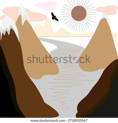 Vector minimalist mountain landscape with snow-capped peaks, winding river, flying eagle, boho-style sun with rays, and pastel clouds in earthy tones.