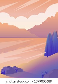 Vector minimalist nature landscape with river or lake and pines on the coast. Peach and purple colors background.